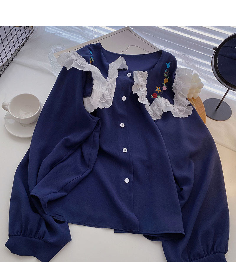 Korean girls' sense of foreign style lace doll neck top 6265