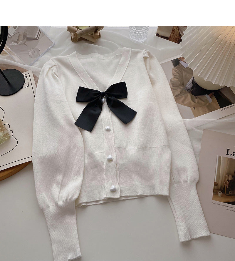 Vintage bow V-Neck Sweater slim long sleeve top 6688