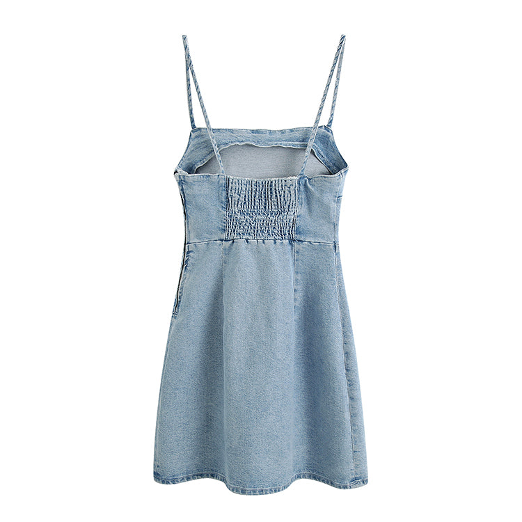 Suspender commuter style shoulder strap denim dress 7021