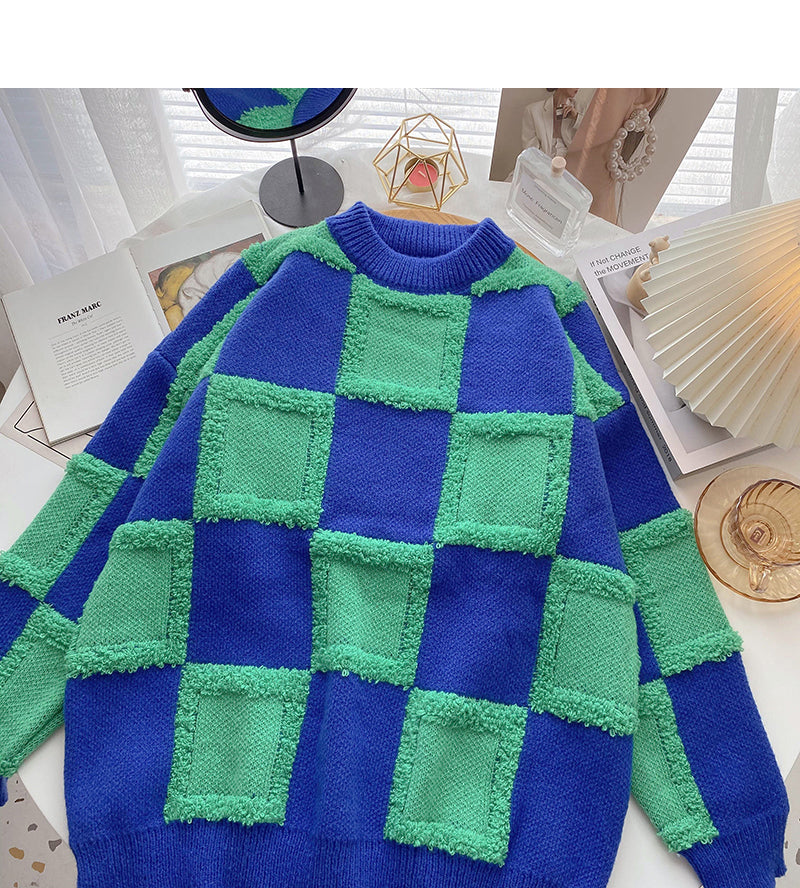 Vintage Plaid contrast flocked sweater female 5993