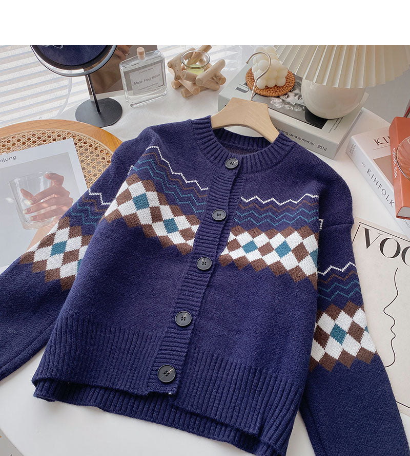 Lazy Style Retro Mode Kontrastfarbe Langarm Top mit Rundhalsausschnitt 6137