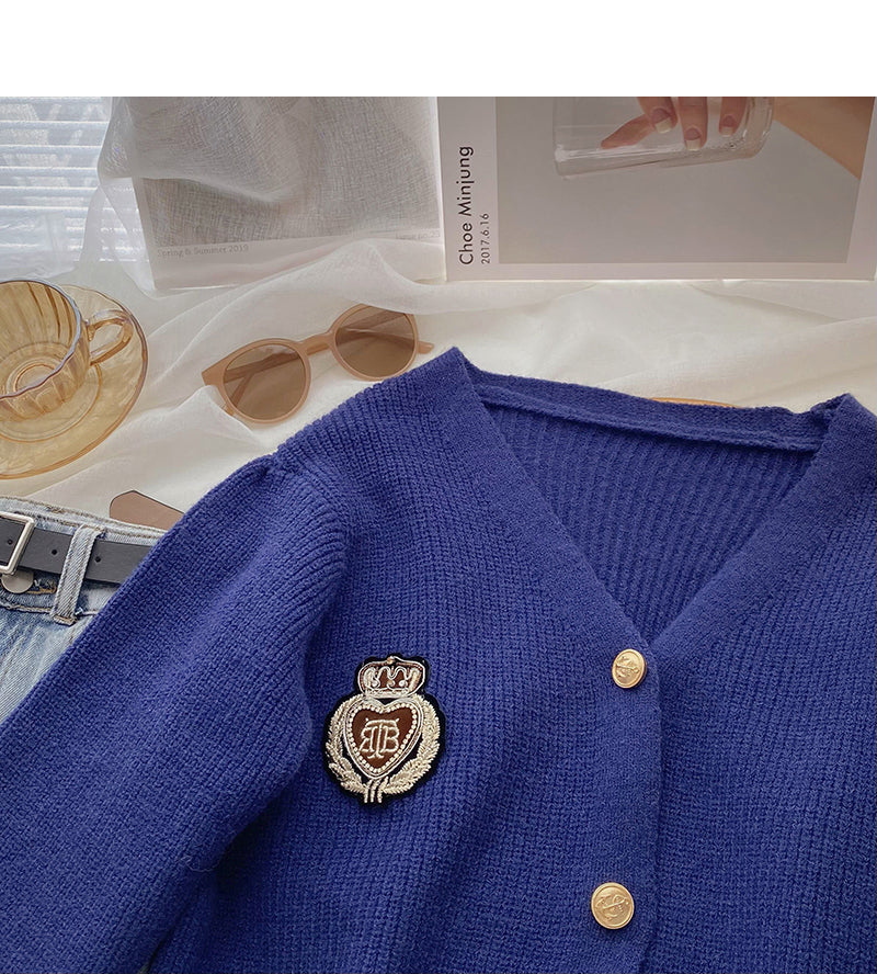 Korean college style personalized badge V-Neck long sleeve aging top 5976