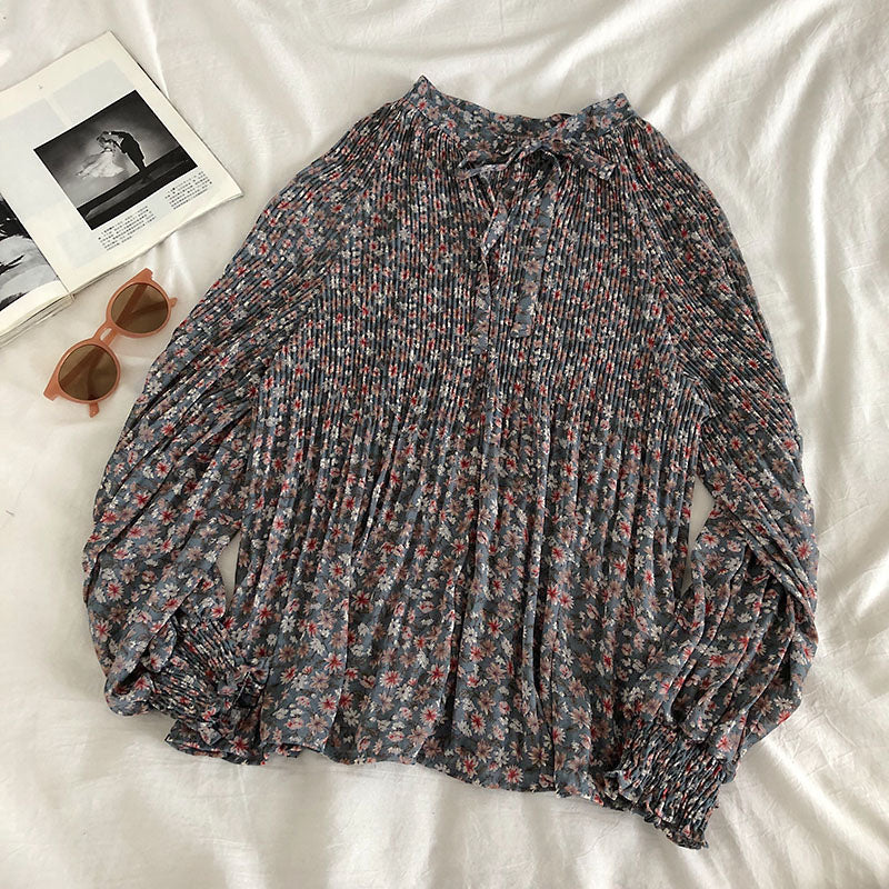 Bow tie tie round neck crimped floral doll shirt 6236