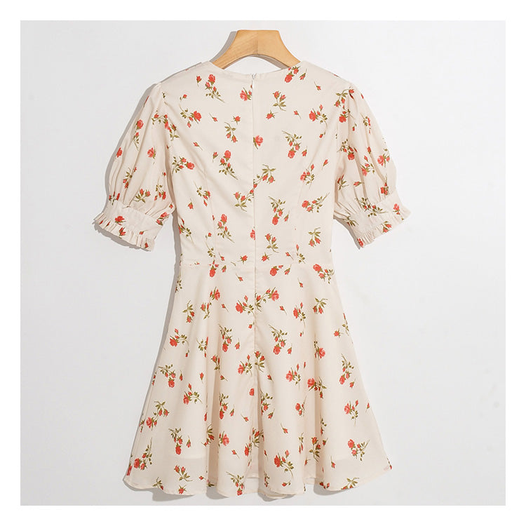 Neue Mode, vielseitiger Blumendruck, V-Ausschnitt, schmales Bandage-Blasenärmelkleid 7025