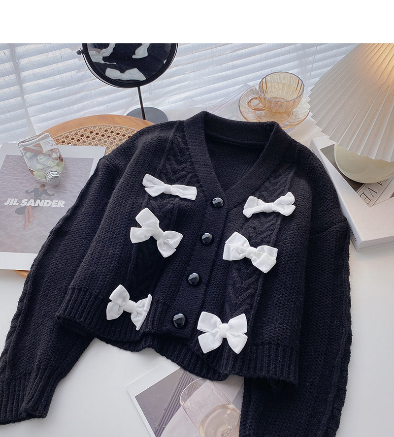 Bow Vintage small fragrance V-Neck Sweater Coat 6204