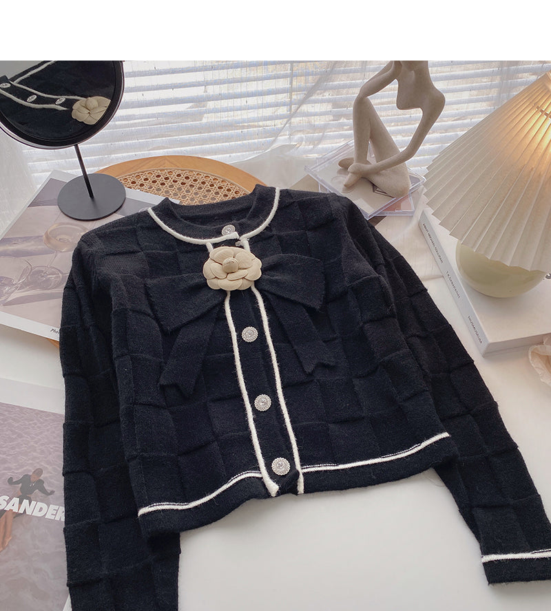 Xiaoxiang style pattern short sweater coat bow flower long sleeve top 6190