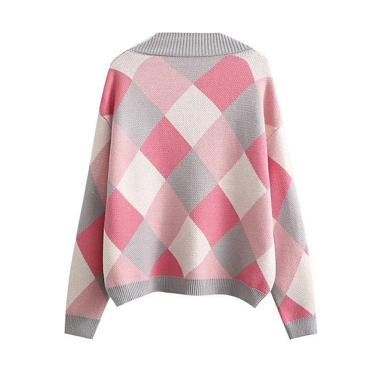 Diamond check V-neck button loose casual knitted cardigan sweater 7360