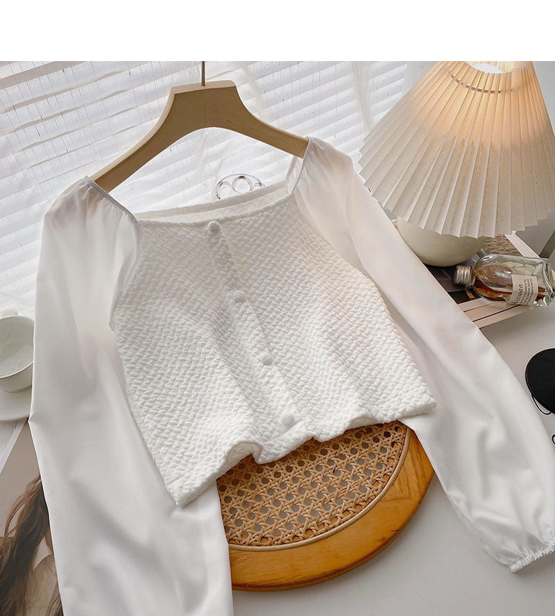 Korean minority design French short square neck long sleeve top 6328