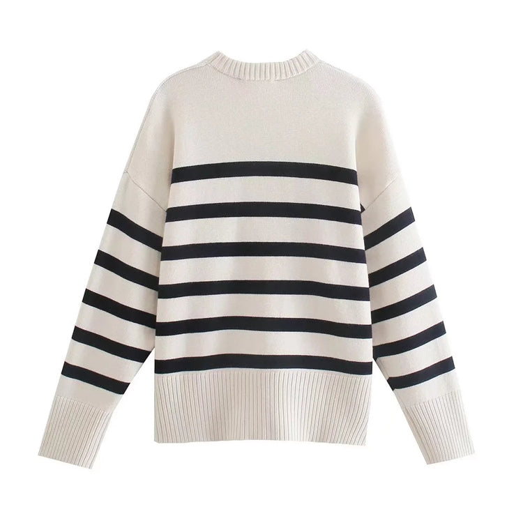 Lazy style loose and versatile casual striped sweater 7478