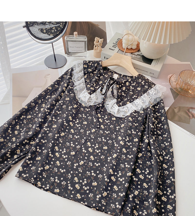 Lace lace up baby collar Floral Shirt 6371
