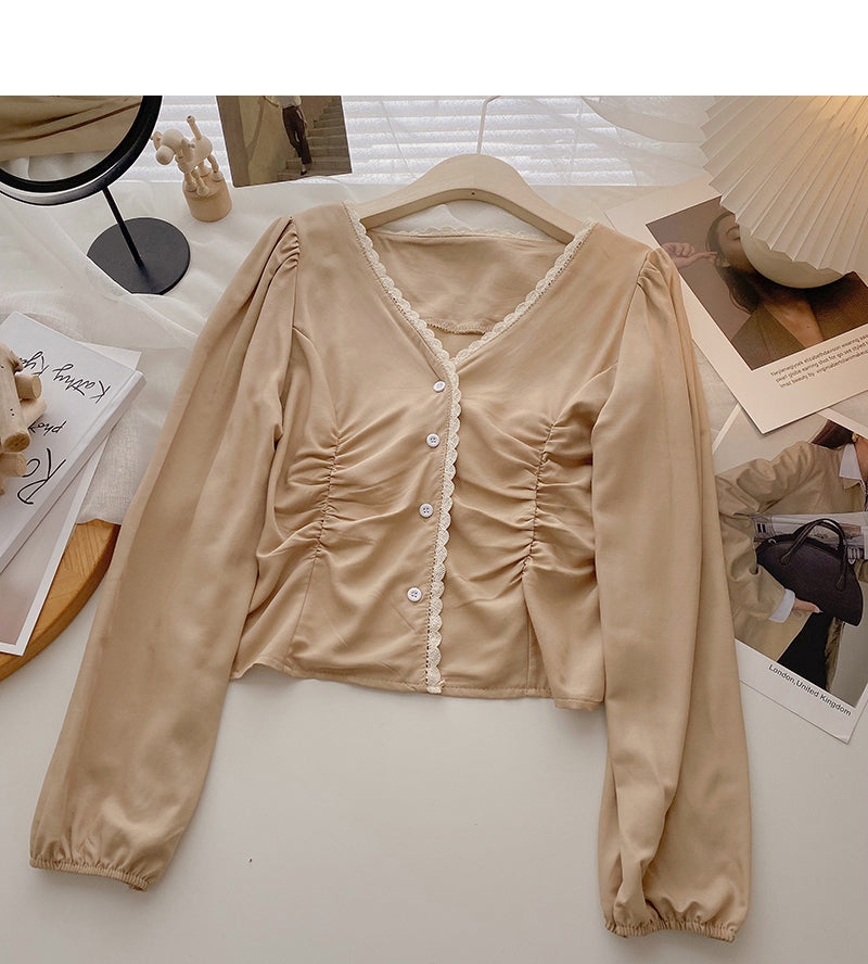 Single breasted lace design V-neck shirt 6359