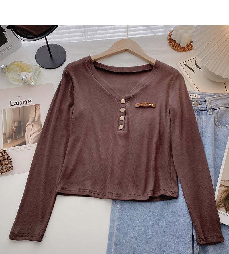 Design sense niche slim V-neck short knit top 6666