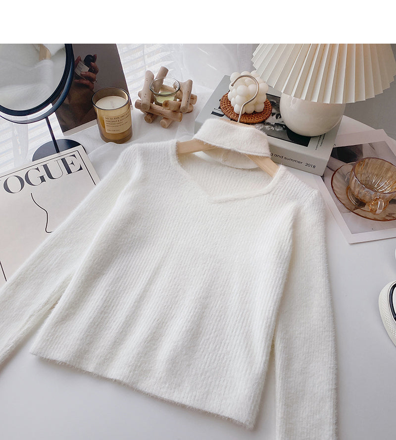 Imitation mink pure color sweater hollow neck top 6061