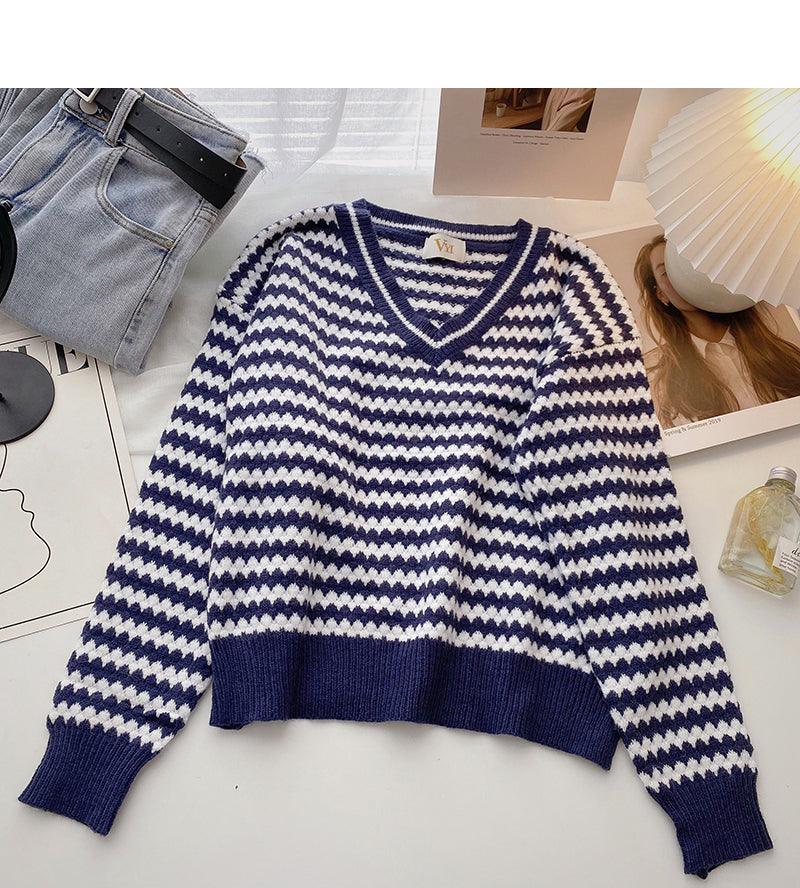 Streifenfarbe Kontrast V-Ausschnitt Pullover Langarm Temperament Pullover 6000