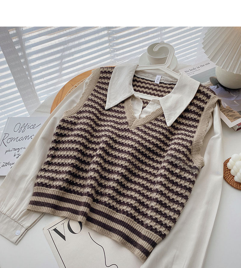 A trendy long sleeved shirt with small foreign style knitted stripe stitching 6331