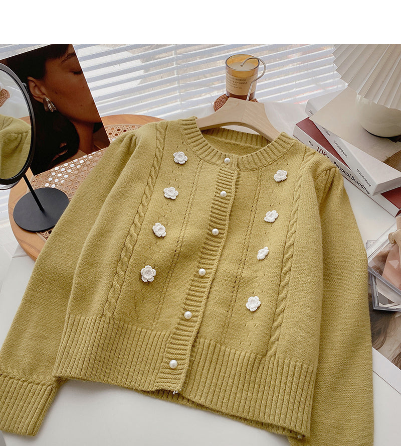 Vintage round neck pearl button cardigan sweater 6003