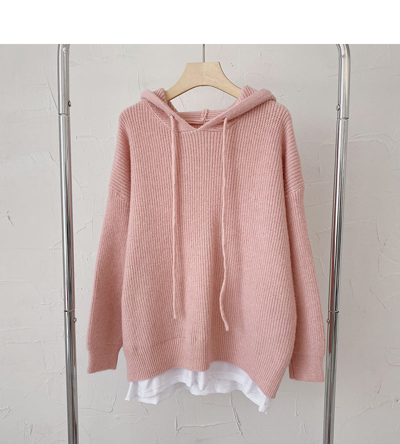 Pull femme style paresseux rétro ample à manches longues à capuche faux haut deux pièces 6197