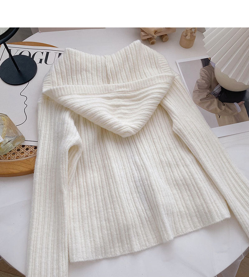 Cardigan hooded knitted coat solid short top 6590