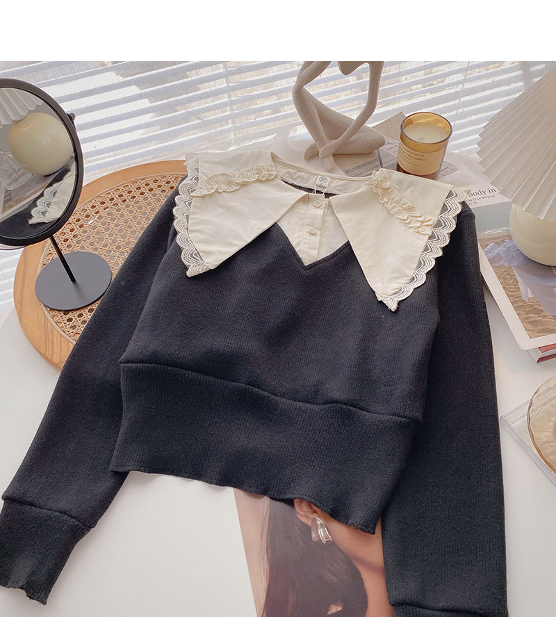 Design sense baby collar stitched sweater short retro top 6696