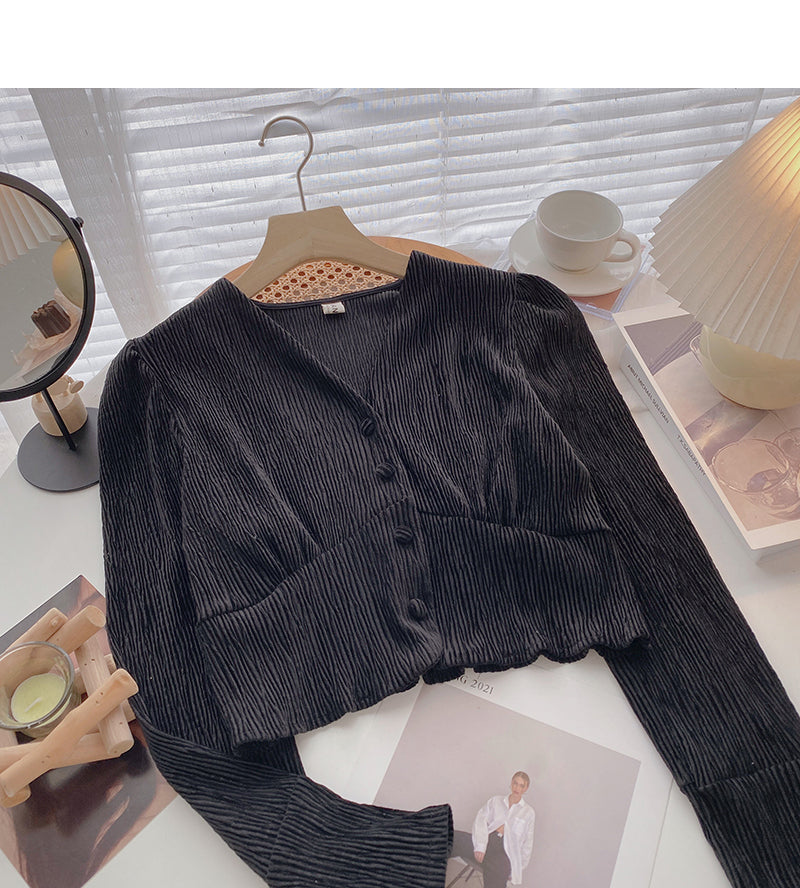 Pleated Vintage V-neck shirt shows thin Hong Kong flavor 6401