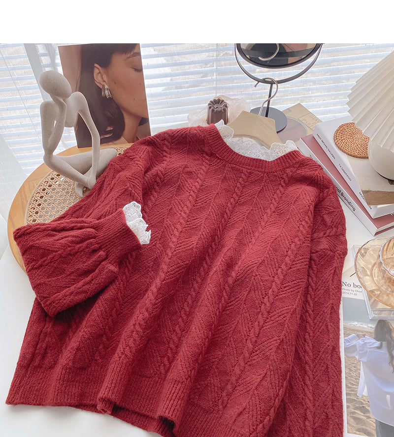 Vintage Lace Edge Langarm Pullover dünnes lockeres Top 6094