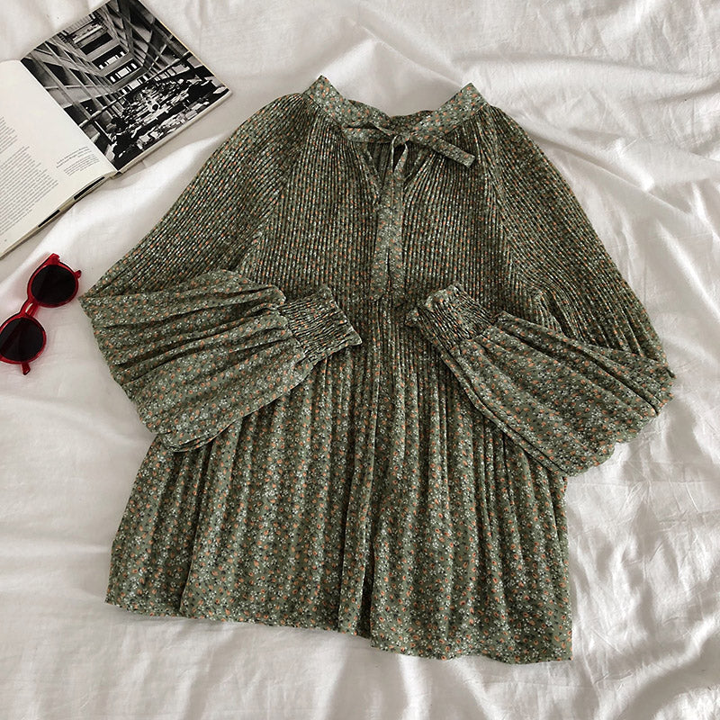 Lace up V-neck crimped Floral Chiffon Blouse 6237