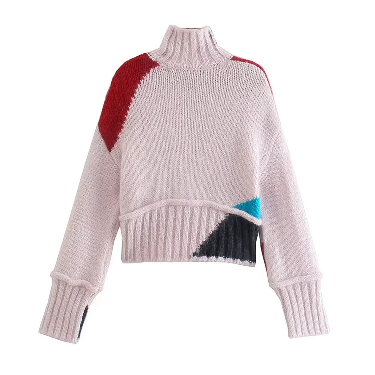 Color blocking design half high neck sweater retro lazy sweater 7420