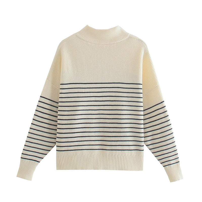 Versatile loose lazy high neck striped sweater 7343