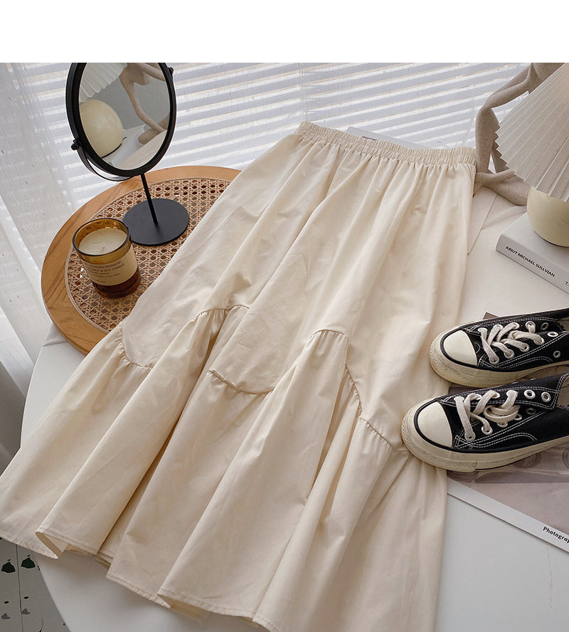 Versatile fashion solid high waist A-shaped medium length skirt 5814