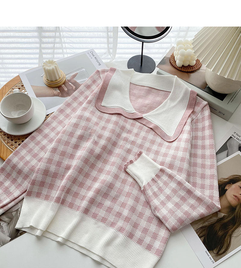 Alternder süßer kontrastkarierter Puppenkragen-Pullover Top 6678