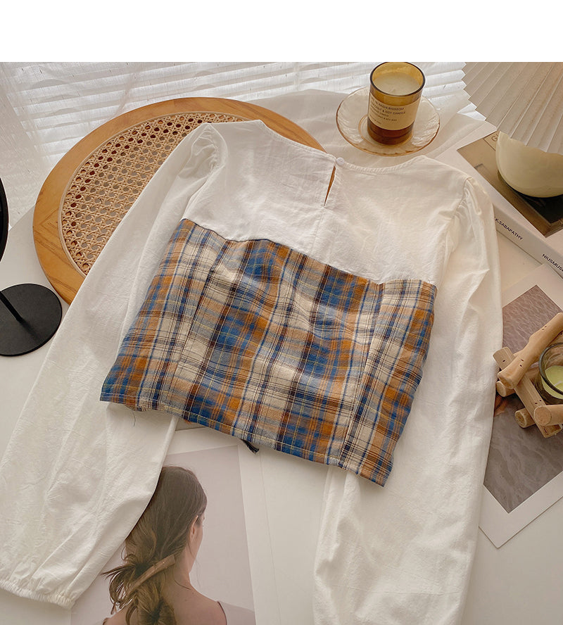 Plaid stitched shirt drawstring fake two tops 6378
