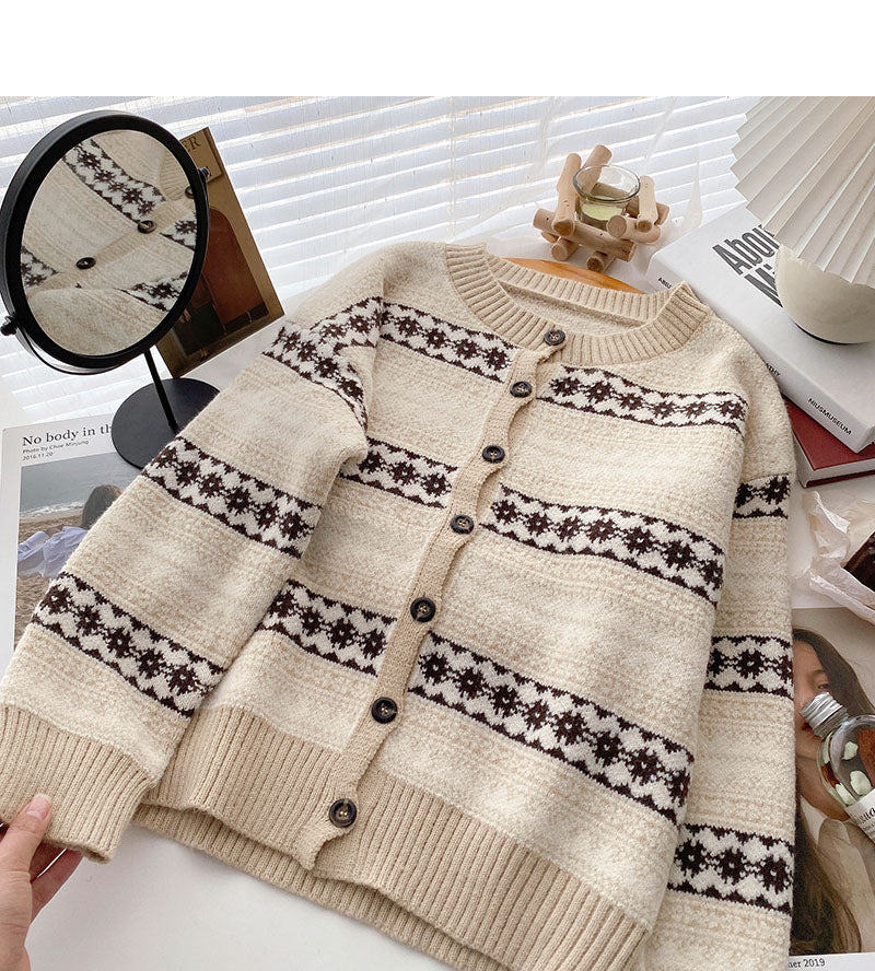 Vintage color matching sweater cardigan personalized long sleeve top 6120