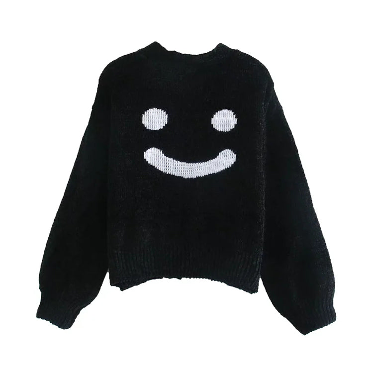 V-neck Lantern Sleeve Button back smiling face loose knit coat 7483