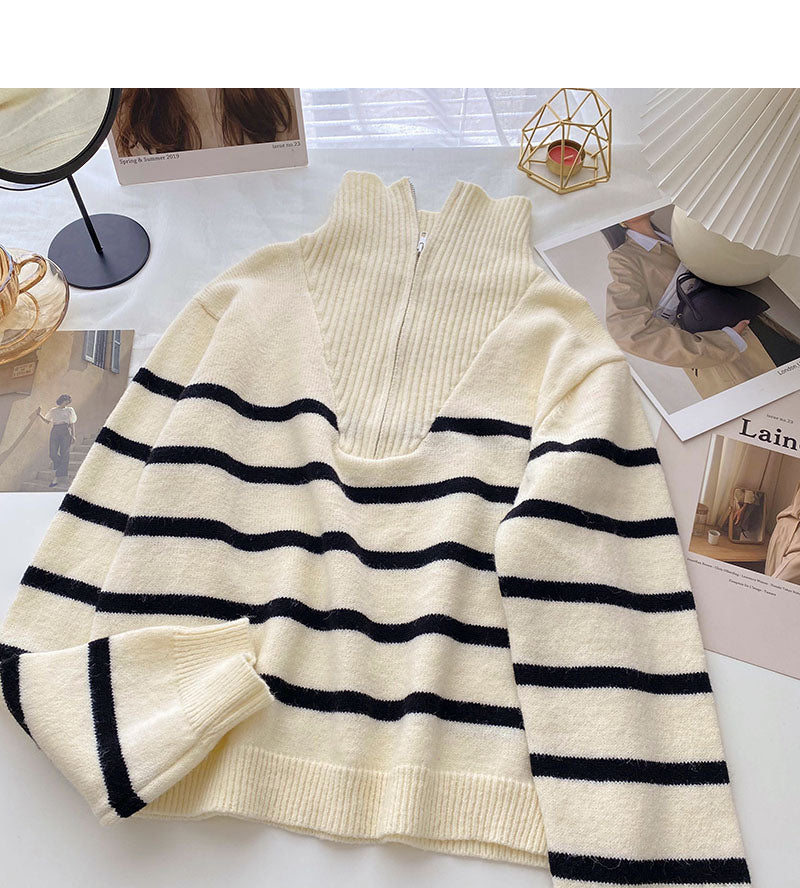 New Korean Lapel Half Zip stripe contrast stitching long sleeve top 6118