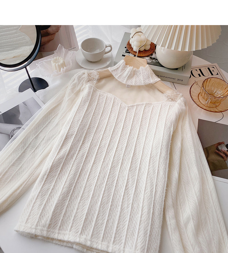 Design sense thickened lace bottomed shirt stand collar top 6361