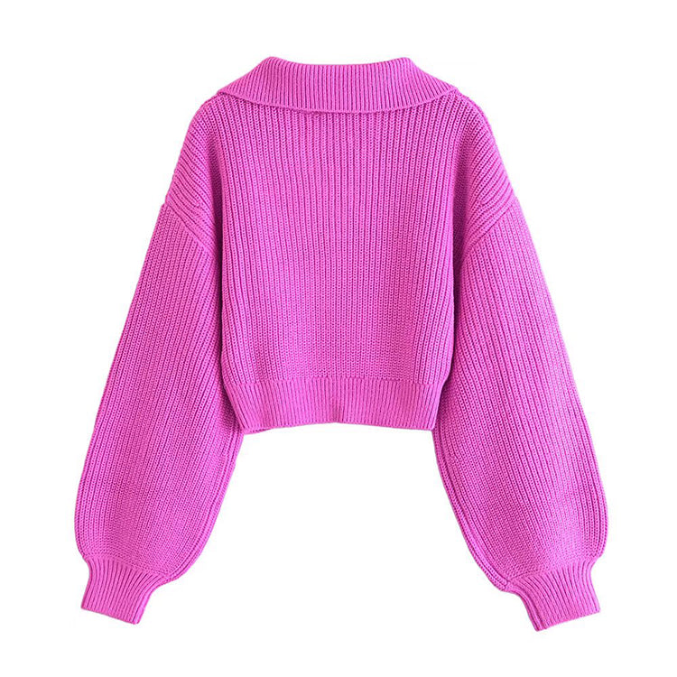 Revers V-Ausschnitt Pullover mit Laternenärmeln Kurzer Vintage-Pullover 7349