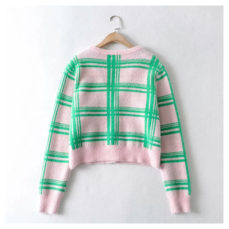 Plaid color matching knitted cardigan women's minority retro sweater coat 7185