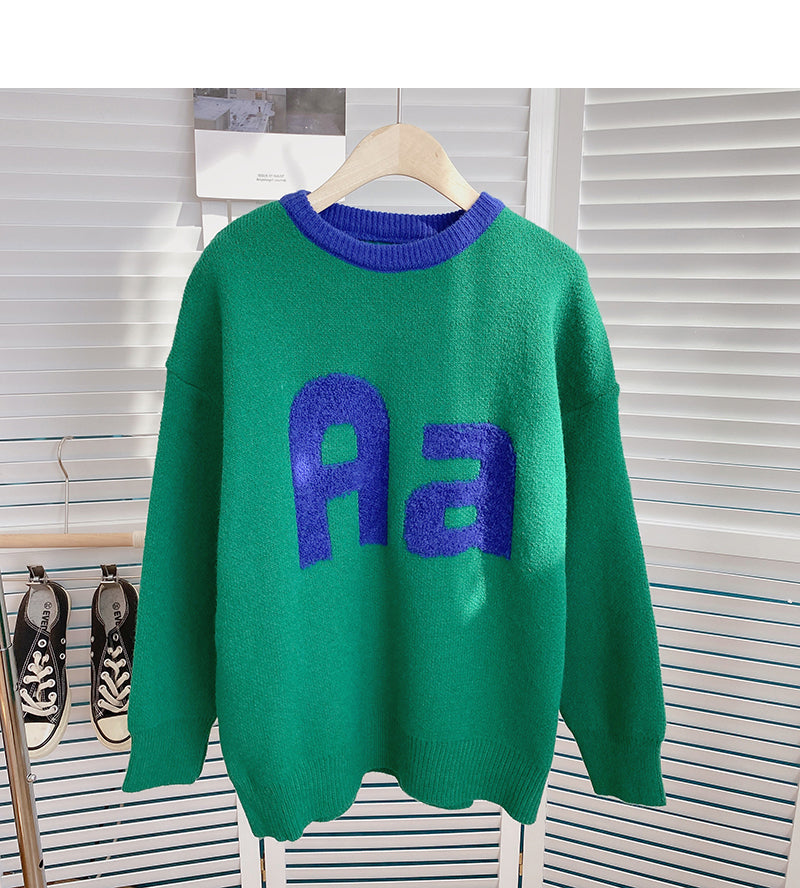 Contrast round neck jacquard flocking letter sweater 6173