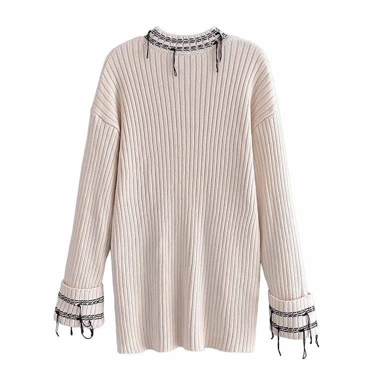 Crew neck curled sleeve stitched decorative sweater 7304