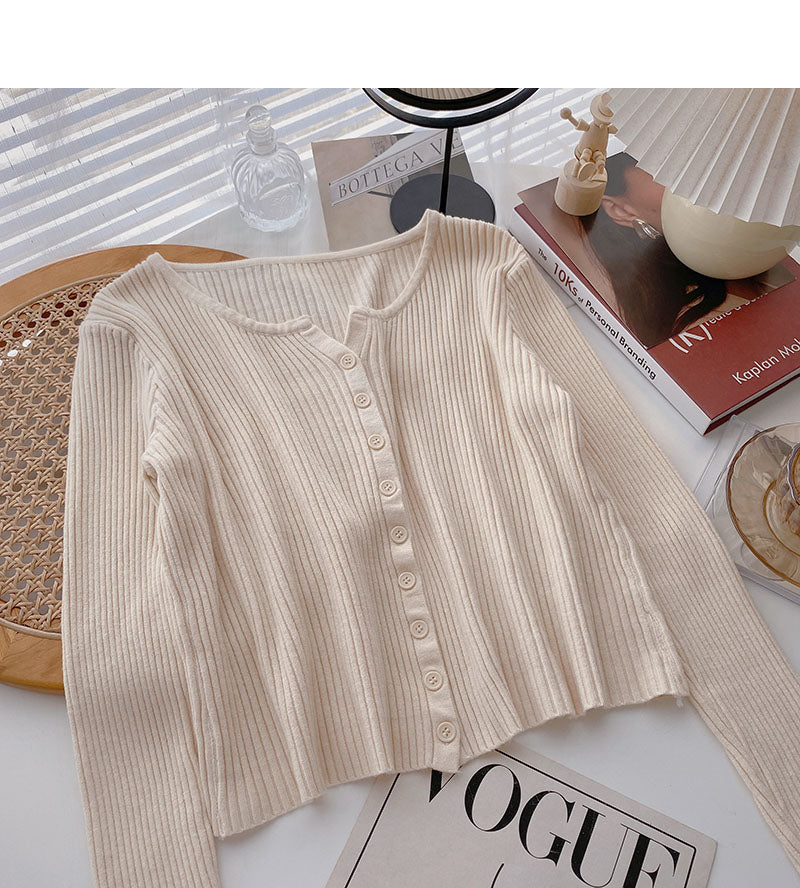Knitted cardigan women's lazy style solid color versatile long sleeve top 6684