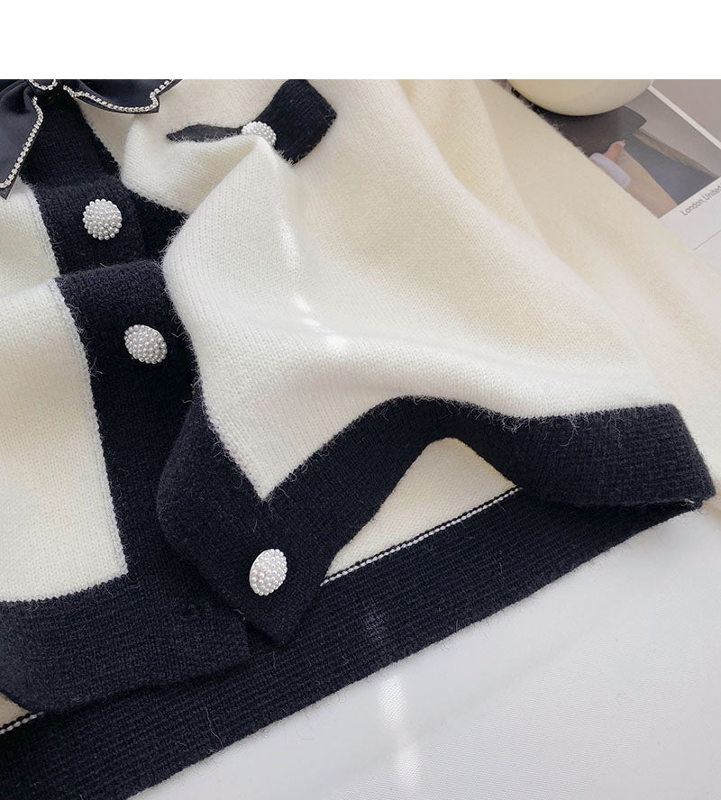 Bow small fragrance retro color matching long sleeved knitted cardigan 6495