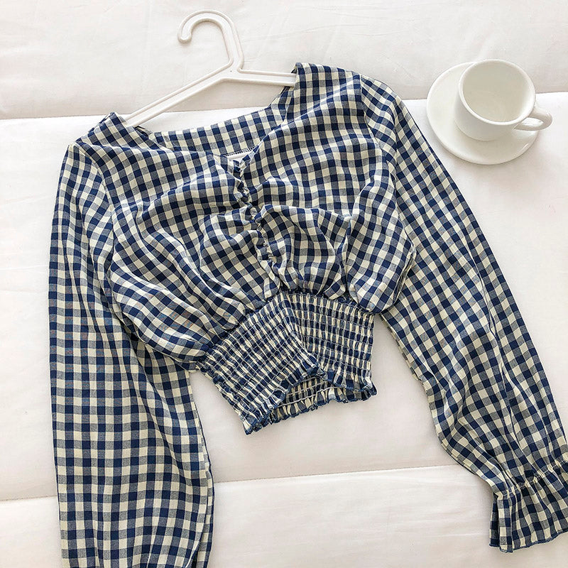 Korean girls' sweet little Plaid Shirt 6249