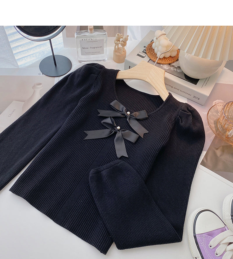 Bow Vintage French sweater slim long sleeve top 6628