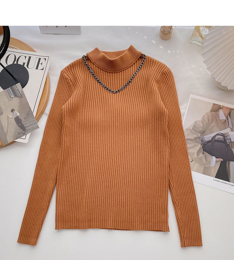 Design sense knitwear slim stand collar chain long sleeve top 6596