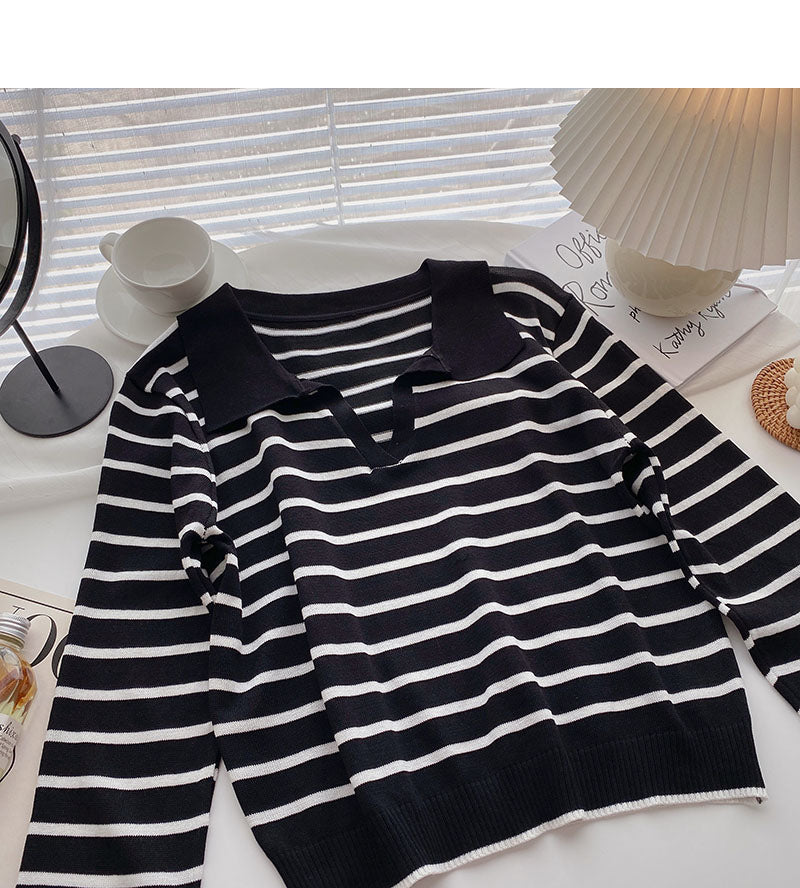 Long sleeve loose stripe Lapel Pullover Top 6452