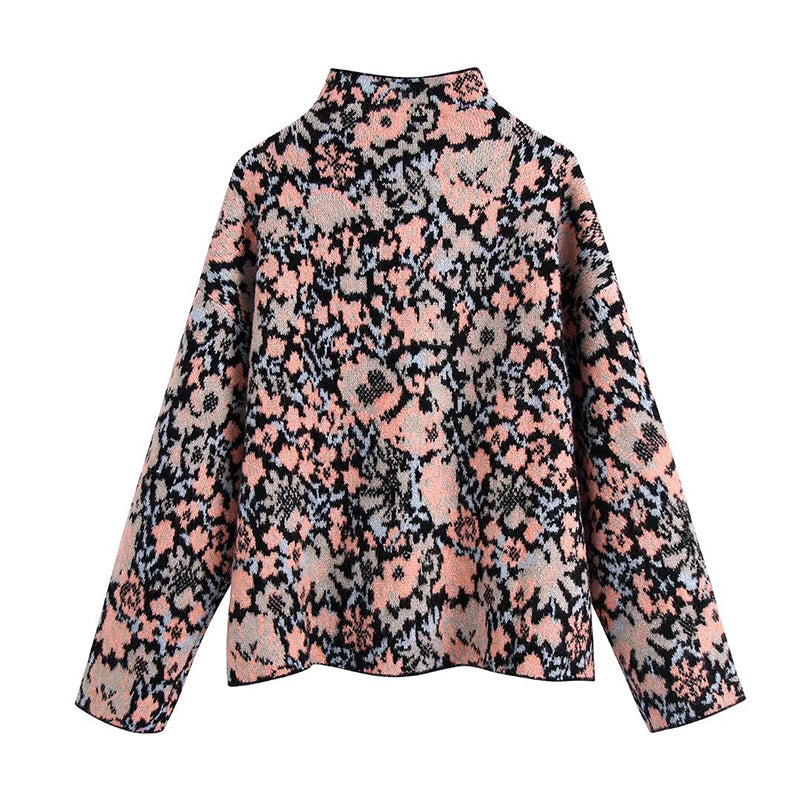 Vintage stand collar long sleeve flower jacquard sweater 7504