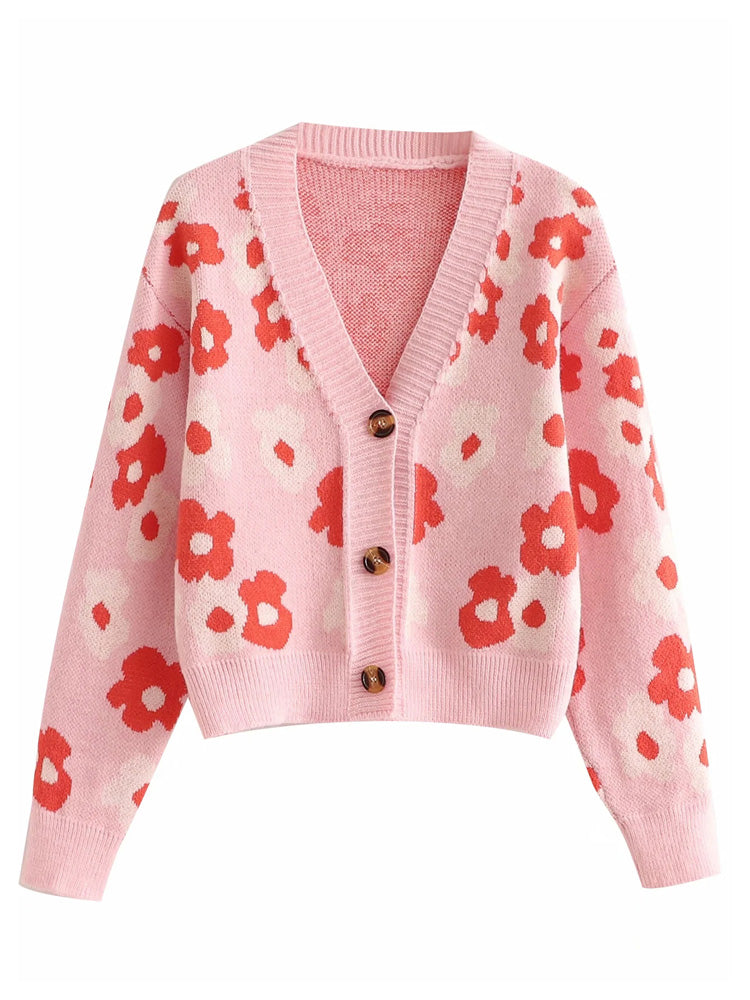 Haut cardigan ample en tricot fin à col en V avec boutons et fleurs en jacquard 7276