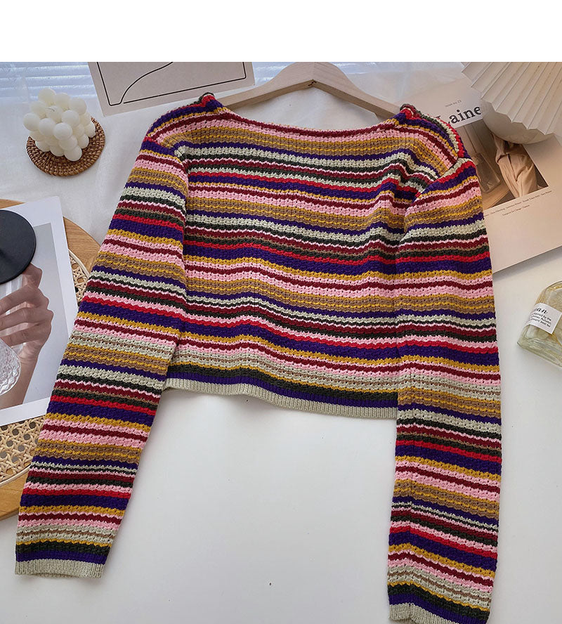 Bunt gestreifter Pullover süßes kurzes Top mit V-Ausschnitt und hoher Taille 6521