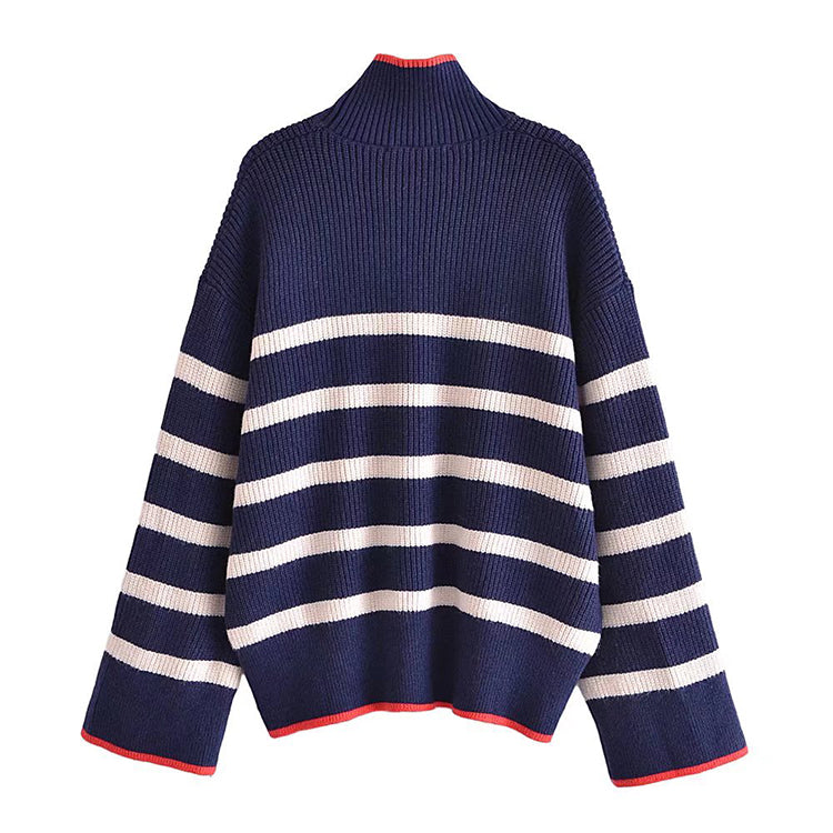 Loose Vintage high neck contrast striped sweater sweater sweater 7347