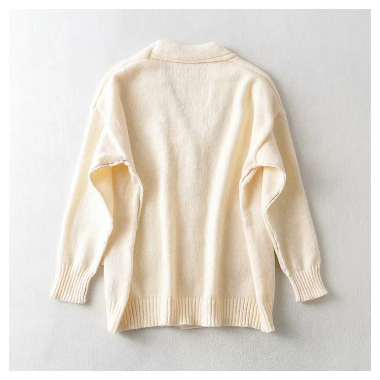 Lazy wind color blocking line V-neck knitted cardigan coat 7286